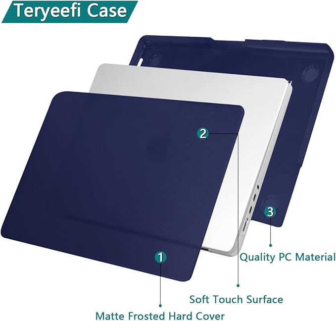 Teryeefi for MacBook Pro 16 Inch Case M4 M3 M2 M1 2025 2024-2021 Release A3403 A3186 A2485 A2780 A2991 Model, Matte PC Hard+Keyboard Cover+Screen Protector+Type C Adapter, Frosted Navy Blue