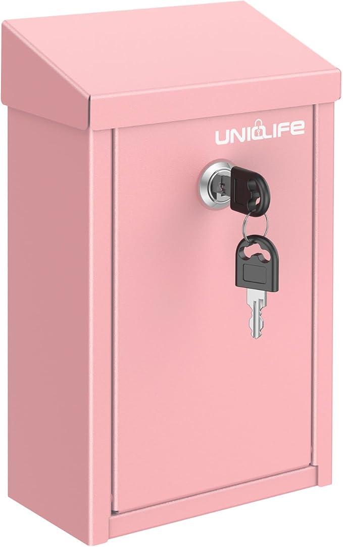Uniclife Pink Key Drop Box for Outside, Metal Safe Suggestion Box with Key Lock, Collection Boxes Donation Chest, Wall Mounted Mailbox with Top Slot, Steel Cash Drop Chest for Home Office Business