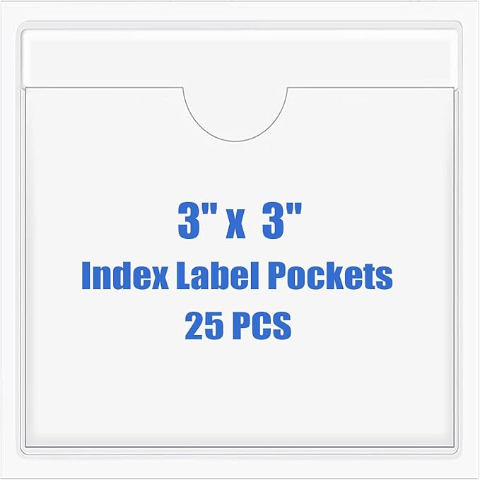 Origin-Joy 25 PCS Self-Adhesive Index Label Pockets, Clear Plastic Peel & Stick Card Holders with Top Open for Loading (3 x 3 inch)