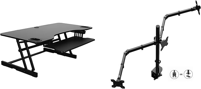 Rocelco 45" Height Adjustable Standing Desk Converter with Triple Monitor Mount and Slide Out Retractable Keyboard Tray - Sit Stand Up Three Screen Tabletop Riser Workstation - Black (R ADRB-45-DM3)