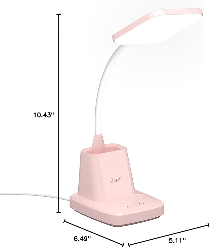 Sailstar Pink Desk Lamp, Small Desk Lamp with Pen Holder, Wireless Charger LED Desk Lamps for Home Office, Kids Desk Lamps 800LM Flexible Arm 3 Modes Dimmable Touch, Study Lamps for College Dorm Room
