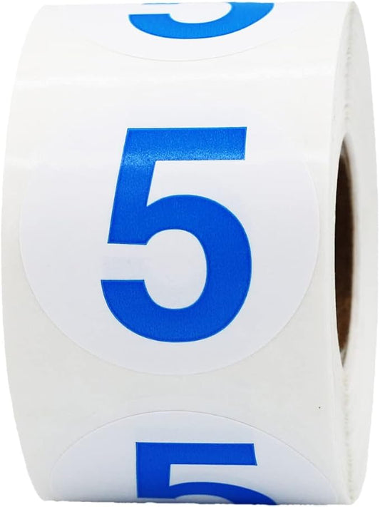 Blue Number 5 Circle Stickers, 1.5 Inch Round Adhesive Labels, 500 Stickers Per Roll for Inventory, Organization, Retail, Classroom, and More – Made in The USA