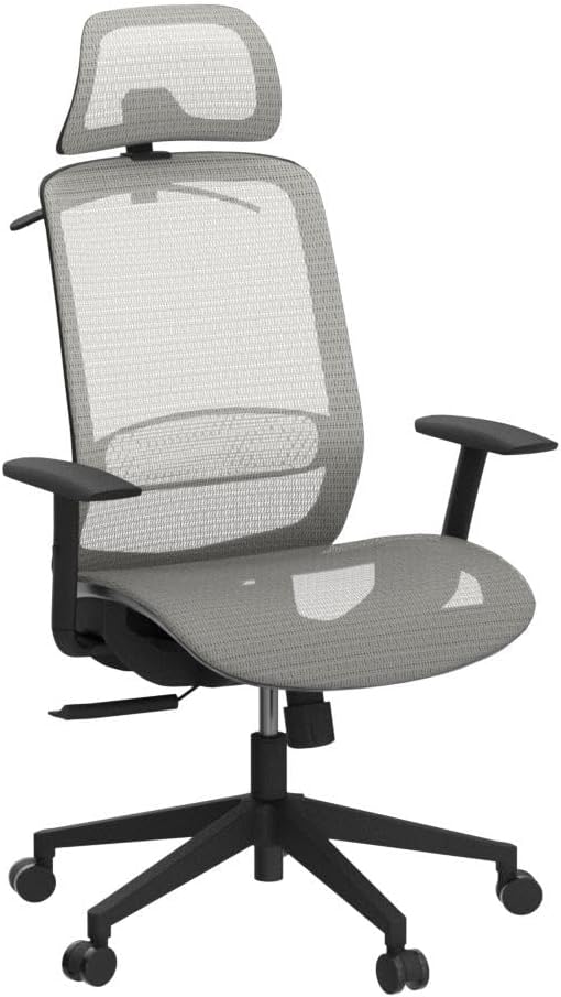 POWERSTONE Ergonomic Mesh Office Chair - High Back Computer Desk Tilt Lock Mesh Seat with Lumbar Support and Clothing Hanger, Executive Swivel Mesh Chair with Adjustable Arms and Headrest (Grey)