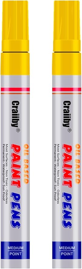 Yellow Paint Markers, 2 Pack Oil-Based Waterproof Quick Dry Permanent Paint Pen Set for Rocks Painting, Wood, Fabric, Plastic, Canvas, Glass, Mugs, Metal, Tire, Stone, DIY Craft