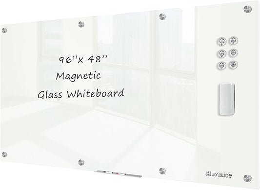 J&J worldwide Magnetic Glass Whiteboard 8' x 4', 96 x 48 Inches Large Frameless White Boards for Walls, Large Dry Erase Board for Office, Home, School