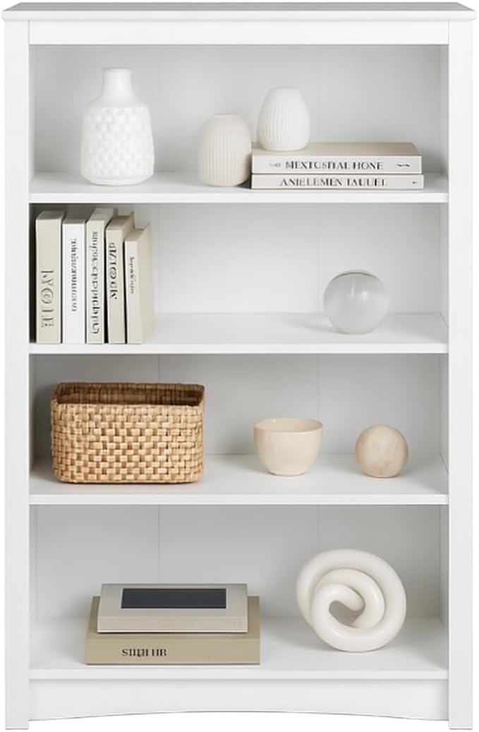 Prepac Sonoma 4-Tier Bookcase 48"H with 3 Adjustable Shelves, White Storage Cabinet, Modern Display Cabinet, Bookshelf with Storage Shelves for Home Office, Living Room, Bedroom Organizer