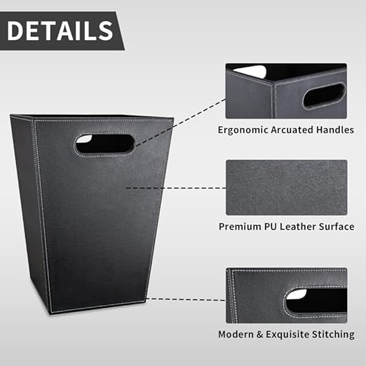 Pu Leather Trash Can for Bedroom, 16L/4.2 Gallon Office Wastebasket with Handles for Near Desk, Black Bathroom Garbage Cans for Home Decorative, Square Waste Basket Bin for Dorm Easy to Clean