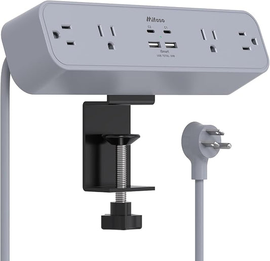 PD30W Desk Clamp Power Strip, Desktop Mount Surge Protector, Fast Charging Station, 5Ft Extension Cord Desk Edge Mount Shelf with 4 Outlets 4 USB Ports (2 USB C), Home Accessories Essentials, Grey
