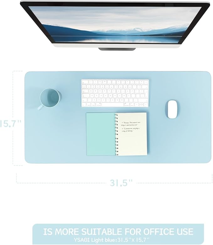 YSAGi Non-Slip Leather Desk Pad, Waterproof Laptop Computer Desk Keyboard Mat, Table Protector Blotter Mat, Large Mouse Pad for Office/Work/Home/Decor(Sky Blue, 31.5" x 15.7")