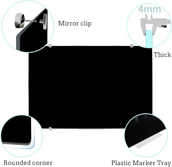 DEVELOP Large Magnetic Black Glass Dry Erase Board, 60 x 36 Inches (150 x 90 cm), Modern Tempered Glass Whiteboard for Wall, Frameless White Board with Marker Tray, 4 Markers, 2 Magnets, 1 Eraser