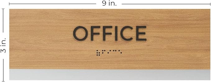 Office Sign With Braille/Small Business Easy Adhesive Mount Door And Wall Sign / 3" x 9" Oak Woodgrain Design