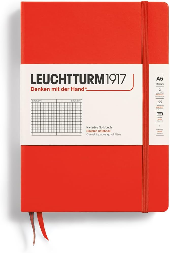 LEUCHTTURM1917 - Notebook Hardcover Medium A5-251 Numbered Pages for Writing and Journaling (Lobster, Squared)
