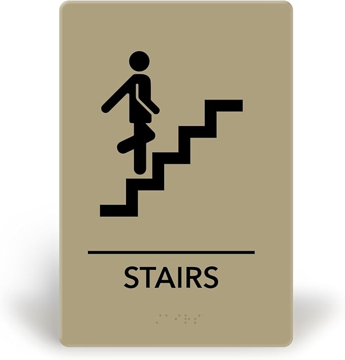 Promot Stair Sign – ADA Braille Stairway Sign for Business, Self-Adhesive, 9" x 6", Commercial Door Signage, Office Wall Decor - Taupe