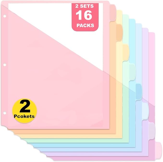 8 Count Dividers with Two Pockets - Binder Dividers for 3 Ring Binder Organizer,Binder Folders for US Letter Size for Study,Office and Home Organization(Pink,2sets)