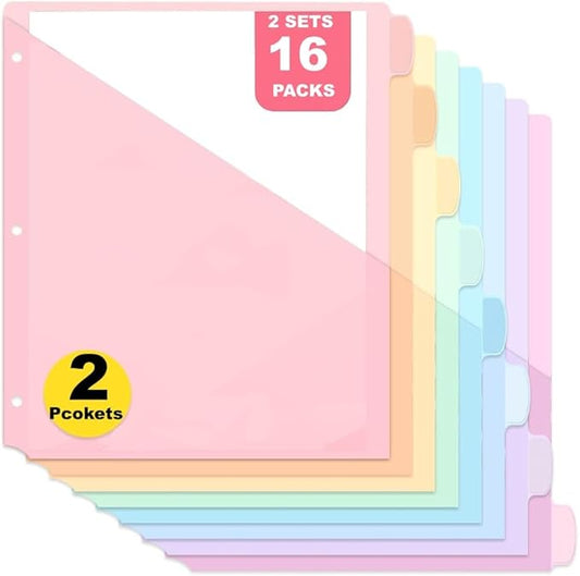 8 Count Dividers with Two Pockets - Binder Dividers for 3 Ring Binder Organizer,Binder Folders for US Letter Size for Study,Office and Home Organization(Pink,2sets)
