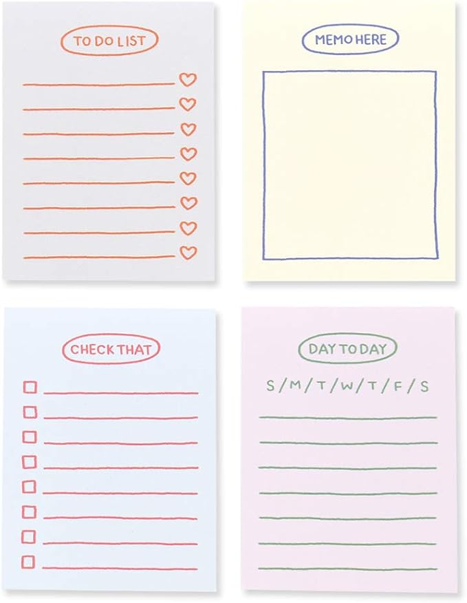 Monolike Memopad Sketch Planning design SET - 4 Packs, 4 Different Designs, 100 Sheets Per Pad, Total 400 Sheets, Note pads, Writing pads, 3.15 x 4.17 Inches