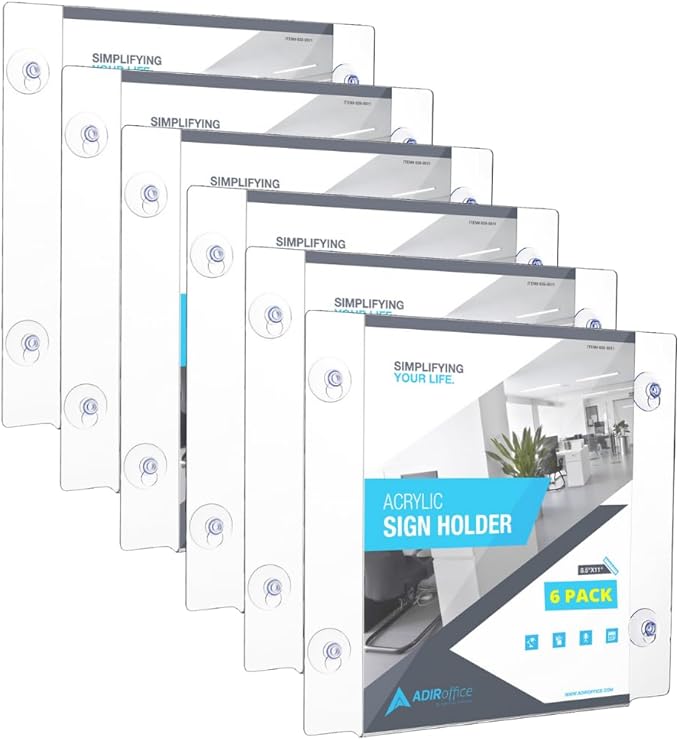 Adir Acrylic Sign Holder – Window Sign Holder with Suction Cups for Advertising and Promotion, Wall-Mount Display Frame, Clear Sign Holder Stand for Glass, Mall, Restaurants, Office - 6 Pack (8.5x11 Inch)