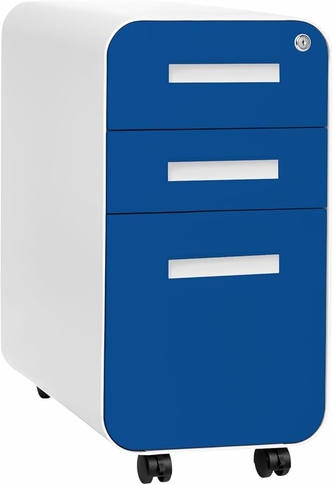 Laura Davidson Furniture Stockpile Slim 3-Drawer Mobile File Cabinet with Lock - Under Desk Metal Filing Cabinet, Legal/Letter File Folders, Wheels and Stationary Feet, Pre-Assembled, Blue Faceplate