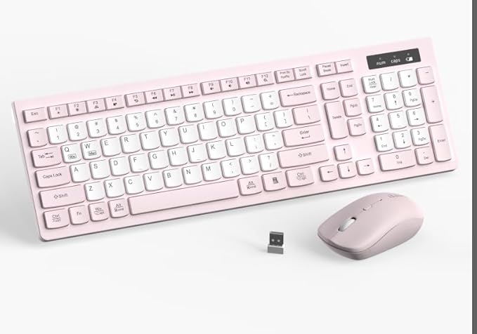 Wireless Keyboard and Mouse Combo, Full-Sized Wireless Keyboard and Adjustable DPI Mouse, 2.4GHz USB Receiver, Keyboard and Mouse for PC, Windows, Desktop, Laptop (Pink and White-B)