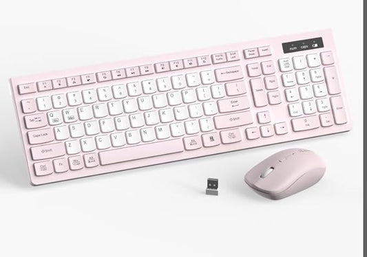 Wireless Keyboard and Mouse Combo, Full-Sized Wireless Keyboard and Adjustable DPI Mouse, 2.4GHz USB Receiver, Keyboard and Mouse for PC, Windows, Desktop, Laptop (Pink and White-B)