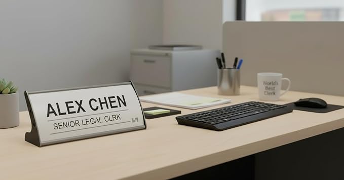 Set of 2, TABLE DESK STAND NAME PLATE SIGN HOLDER FRAME DISPLAY CURVATURE DESIGN SILVER ALUMINUM (80 mm H x 200 mm W)