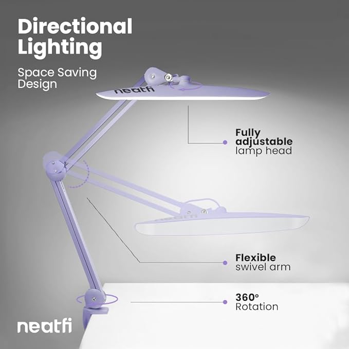 Neatfi XL 2,200 Lumens LED Task Lamp, 20W, 182 Pcs SMD LED, Dimmable, 4 Level Brightness, 3 Light Modes, Desk Light for Home, Office, Workbench (CCT, Lavender)