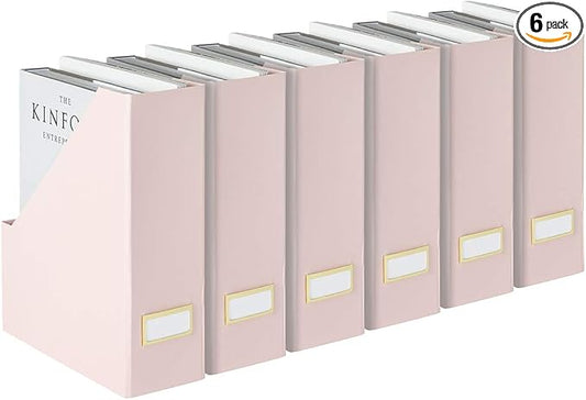 BLU MONACO Set of 6 Foldable Pink Magazine Holder with Gold Label Holders – Cute Stylish Magazine Storage for Shelves, and Closets – Book Bins, File Desk Organizer, and Document Storage