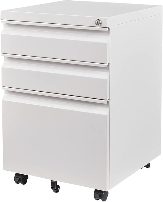 3 Drawer File Cabinet with Wheels, Metal Filing Cabinet with Lock, Office Rolling File Cabinets for A4/Legal/Letter Size, Assembly Required, White