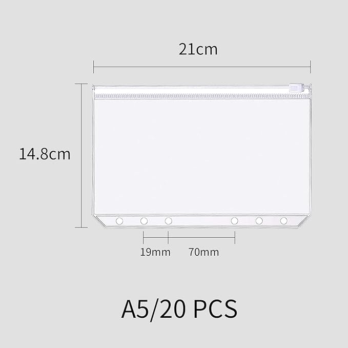 Binder Pockets, 20pcs A5 Size 6 Holes Binder Pockets, [Waterproof PVC Pouch] Premium Clear Binder Zipper Folders Document Filing Bags for 6-Ring Notebook Binder Loose Leaf Bags,-Clear
