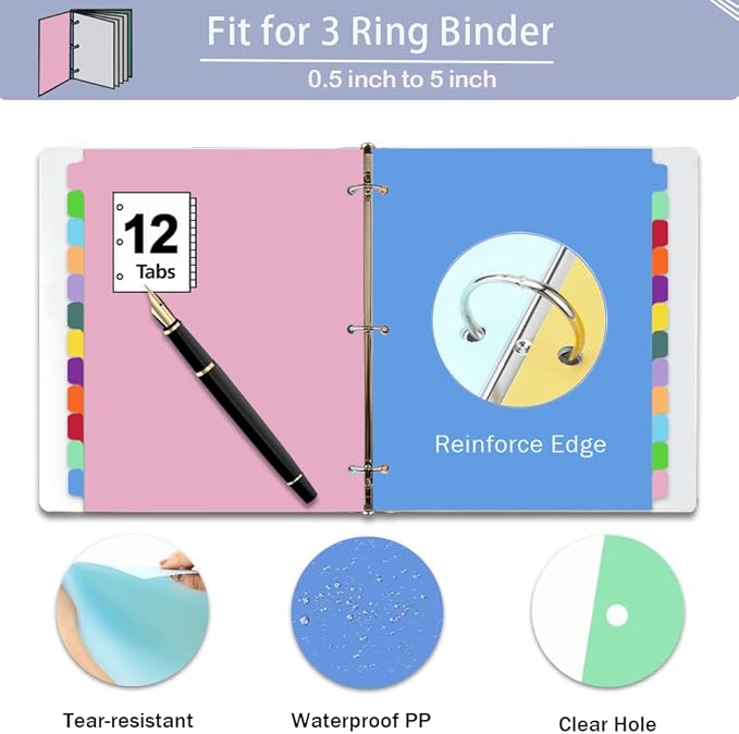 12-Tab Dividers for 3 Ring Binder,Plastic Biner Dividers with Tab, Monthly Divider Sets, 12 Tabs, Jan-Dec,File tabs,Multicolor,3 Sets