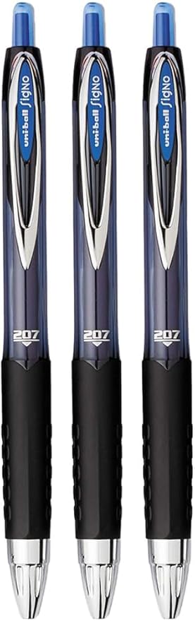 Signo 207 Roller Ball Retractable Gel Pens, Medium Point (0.7mm), Blue Ink, 3 Count, Bundle with Plastic Reusable Pouch