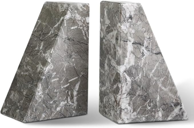 Koville Marble Bookends for Shelves, Large Bookends for Heavy Books, Natural Stone Book Stopper for Books CD Movies, Aesthetic Decorative Book Ends, Bookshelf Table Home Decor(Grey)