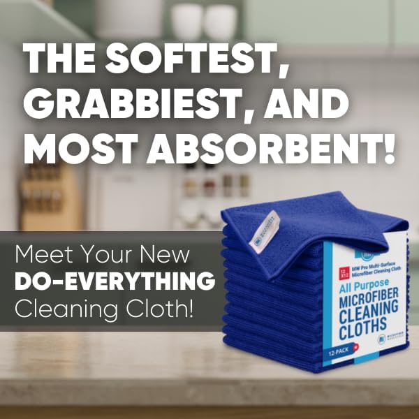 12" x 12" MW Pro Multi-Surface Microfiber Cleaning Cloths | Dark Blue - 12 Pack | Premium Microfiber Towels for Cleaning Glass, Kitchens, Bathrooms, Automotive, Supplies & Products