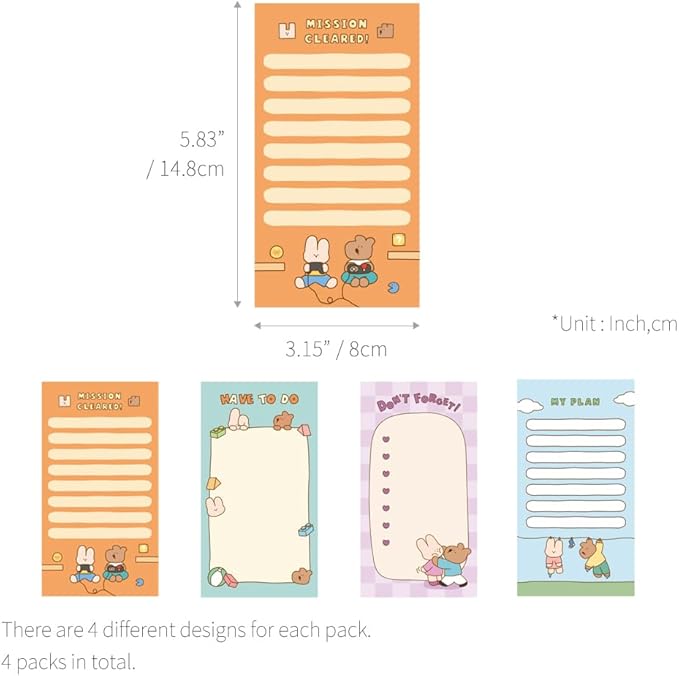 Monolike Memopad Happy and Lucky Littles Series.1 4P SET - 4 Packs, 4 Different Designs, 80 Sheets Per Pad, Total 320 Sheets, Note pads, Writing pads, 80x148mm