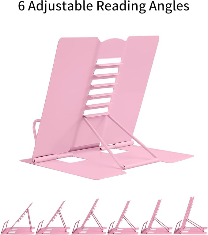 MSDADA Desk Book Stand Metal Reading Rest Book Holder Adjustable Cookbook Documents Holder Portable Sturdy Bookstands for Recipes Textbooks Tablet Music Books with Page Clips (Light Pink)