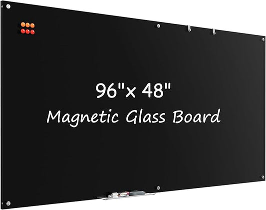 MaxGear Glass White Boards 96x48 Inches, Wall Mounted Magnetic Dry Erase Board Black, Large Frameless Whiteboard with 1 Eraser,3 Markers and 6 Magnets for Office, School, Home