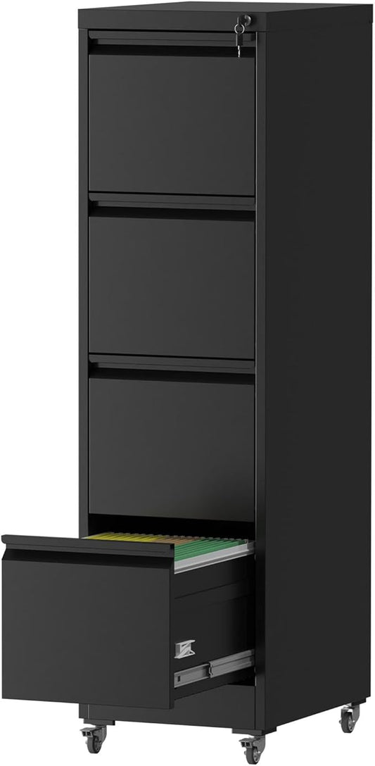 File Cabinet with Lock, 4 Drawers Filing Cabient with Wheel, Steel Vertical Filing Storage Cabinet for Home Office, Heavy-Duty File Cabinets for Letters/Legal/A4 (Require Assembly, Black)