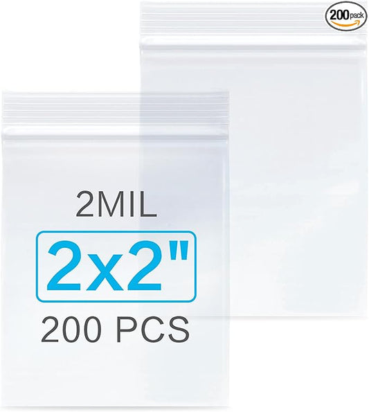 200pcs 2" x 2" Clear Zip Bags, 2 Mil Thick, Small Bags, Reclosable Zip Plastic Baggies for Necklace, Ring, Coin, Beads, Jewelry, Pill