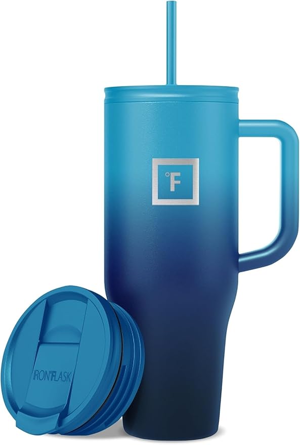 IRON °FLASK Co-Pilot Insulated Mug w/Straw & Flip Cap Lids - Cup Holder Bottle for Hot, Cold Drink - Leak-Proof - Water, Coffee Portable Travel Mug - Dark Night, 40 Oz