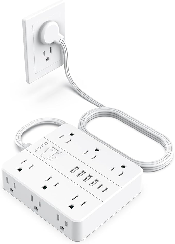 Flat Plug Power Strip, AOFO Surge Protector Flat Extension Cord with 12 AC Outlets and 6 USB(2 USB-C) Ports,Multiple Outlet Wall Plug 5FT Extension Cord for Home Office, Dorm Room Essentials