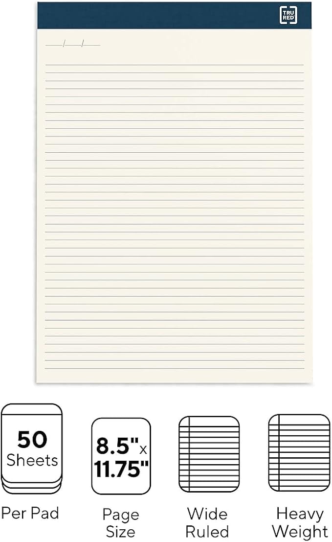 TRU RED Staples TR58194 Notepads, 8.5-Inch x 11.75-Inch, Wide Ruled, Ivory, 50 Sheets/Pad