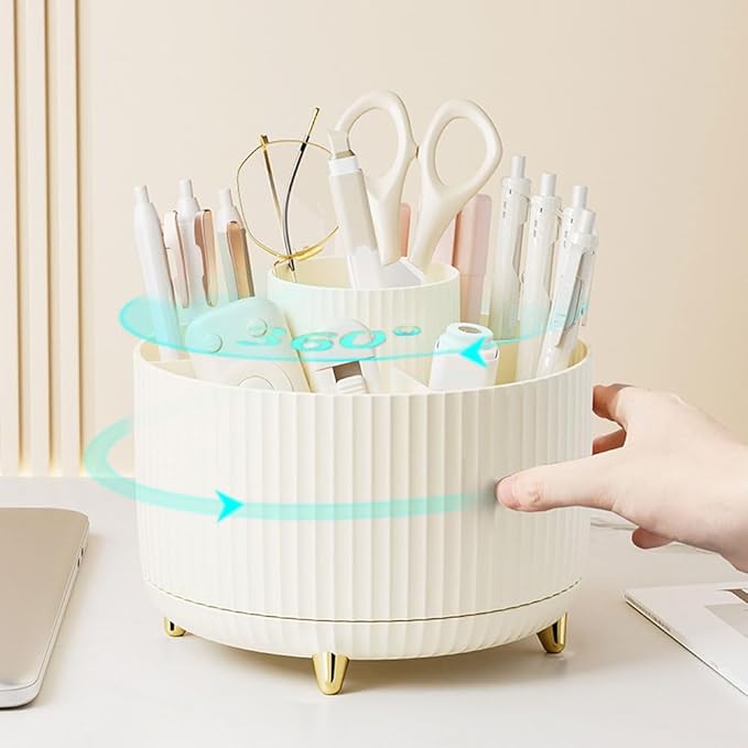 Desk Organizers and Accessories Set with 360-Degree Rotating Pen Holder, Acrylic Stapler, Tape Holder, Staple Remover, Binder/Paper Clips Kit, Scissor and 1 Box of Staples