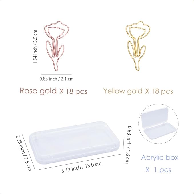OWLFAVO 36pcs Flower Shape Paper Clips with Clear Box, Rose Gold and Yellow Gold, Funny Cute Paperclips Bookmarks Planner Clips for Fun Office Supplies School Gifts Wedding Decoration
