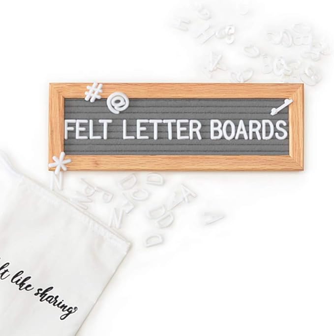 Felt Like Sharing Small Letter Board (Gray Felt - 10”x3.5”) – Changeable Message Board with 3 Sets of Felt Board Letters – Statement Wall Sign for Quotes, Home or Holiday Decor In Oak Frame