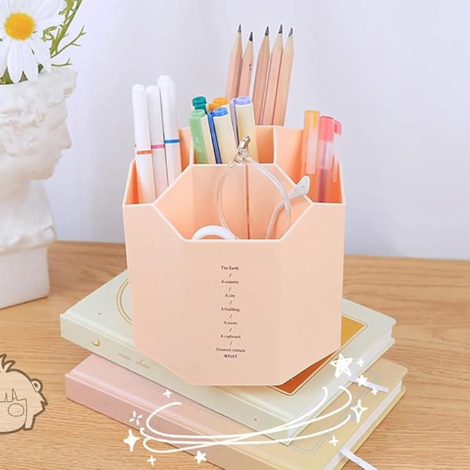 Rotating Desk Organizer, Pencil Holders, Office Accessories Caddy, School Supplies Organizer for Pen, Colored Pencil, Art Brushes, 5 Compartments, Gift for Teachers, Classmates, and Friends (Pink)