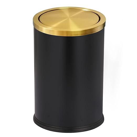 Stainless Steel Gold Trash can with Flipping Lid 2.4gallon Fingerprint-Proof Garbage cans Wastebasket Bin for Kitchen bothroom Living Room (Black with Gold lid, 2.6 Gallon)
