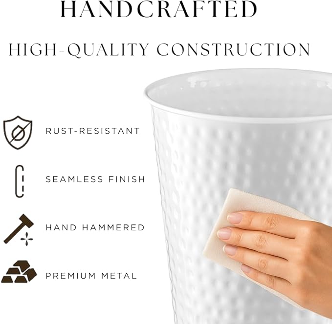Monarch Abode White Hand Hammered Metal Wastebasket for Home Office Bedroom, Decorative Waste Basket, Modern Bathroom Garbage Can, Durable & Decorative Trash Bin, White Bathroom Trash Can