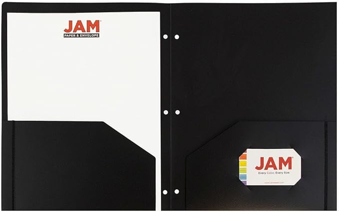 JAM PAPER Heavy Duty Plastic 3 Hole Punch Pocket Folders - Extra Tough School Folders - Black - Bulk 144/Box