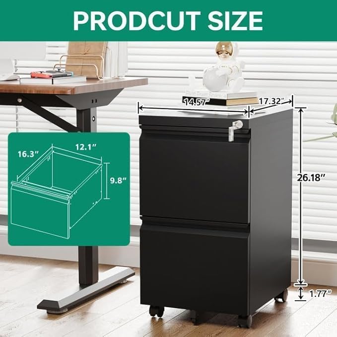 Letaya 2 Drawer Mobile File Cabinet with Lock, Under Desk Metal Rolling Filing Cabinets for Home Office Organizer Letters/Legal/A4 (Black- Requires Installation)
