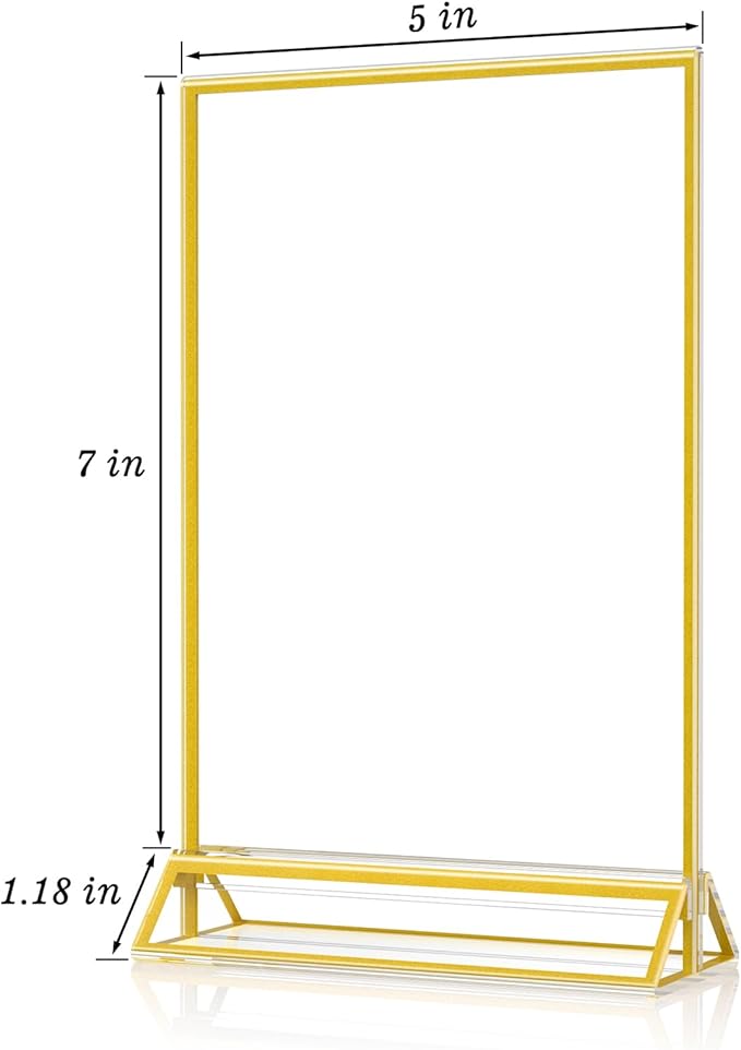 5 x 7 Acrylic Sign Holders - Double Sided Gold Picture Frames - Tabletop Display Menu Stands - Clear Plastic T Shape Vertical Paper Holders - 12 Pack